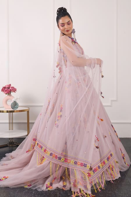 Buy_Kiran Kalsi_Purple Net Embroidery Scoop Neck 3d Floral Lehenga Set_Online_at_Aza_Fashions