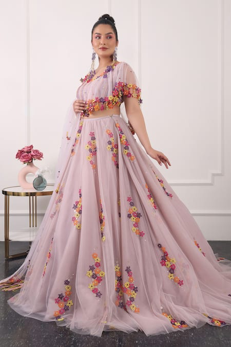 Shop_Kiran Kalsi_Purple Net Embroidery Scoop Neck 3d Floral Lehenga Set_Online_at_Aza_Fashions