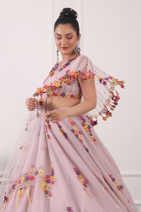 Kiran Kalsi_Purple Net Embroidery Scoop Neck 3d Floral Lehenga Set_at_Aza_Fashions