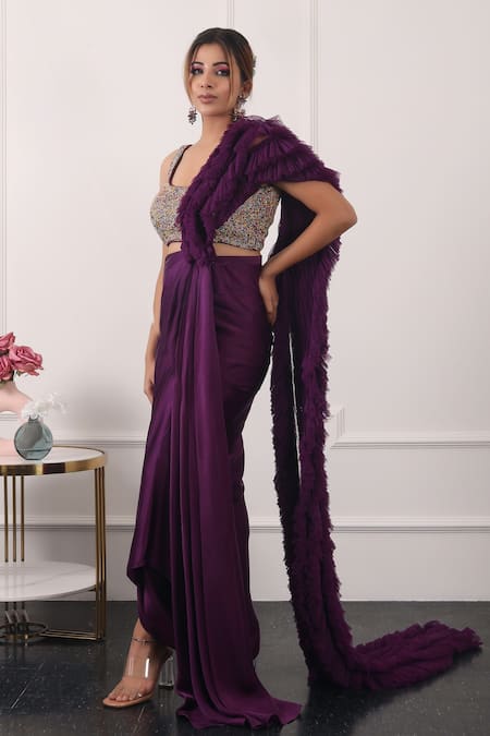 Kiran Kalsi Purple Satin Beads Scoop Neck Pre-draped Saree With Embroidered Blouse 
