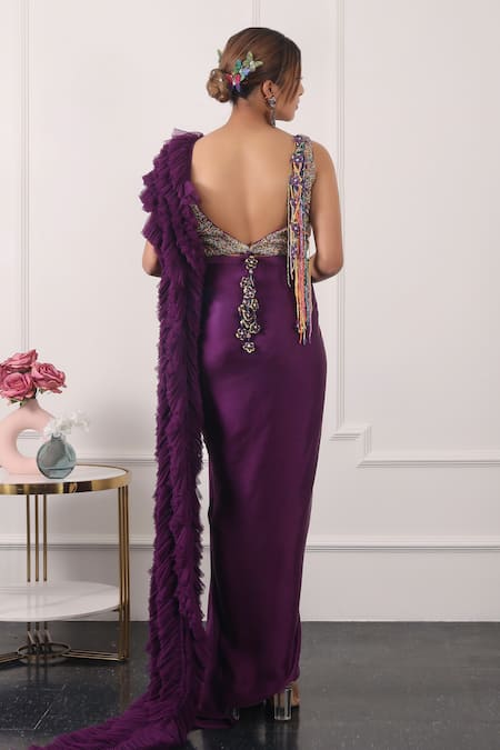 Shop Kiran Kalsi Purple Satin Beads Scoop Neck Pre-draped Saree With Embroidered Blouse at Aza Fashions Shop_Kiran Kalsi_Purple Satin Beads Scoop Neck Pre-draped Saree With Embroidered Blouse _at_Aza_Fashions