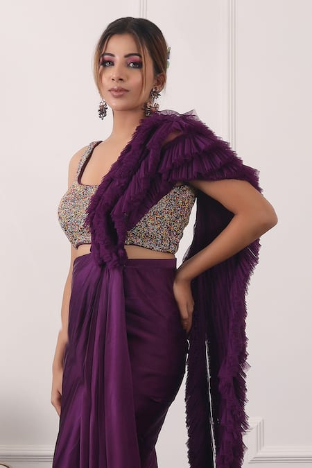 Kiran Kalsi Purple Satin Beads Scoop Neck Pre-draped Saree With Embroidered Blouse Online at Aza Fashions Kiran Kalsi_Purple Satin Beads Scoop Neck Pre-draped Saree With Embroidered Blouse _Online_at_Aza_Fashions