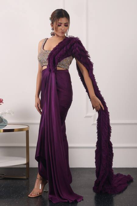 Buy Kiran Kalsi Purple Satin Beads Scoop Neck Pre-draped Saree With Embroidered Blouse Online at Aza Fashions Buy_Kiran Kalsi_Purple Satin Beads Scoop Neck Pre-draped Saree With Embroidered Blouse _Online_at_Aza_Fashions