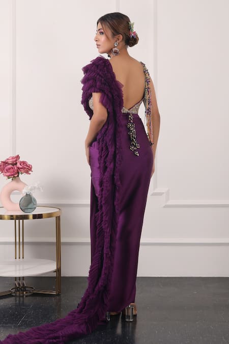 Shop Kiran Kalsi Purple Satin Beads Scoop Neck Pre-draped Saree With Embroidered Blouse Online at Aza Fashions Shop_Kiran Kalsi_Purple Satin Beads Scoop Neck Pre-draped Saree With Embroidered Blouse _Online_at_Aza_Fashions