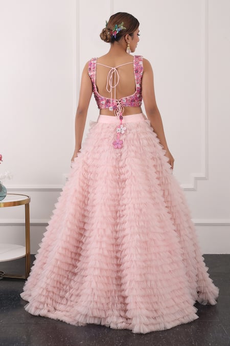Shop Kiran Kalsi Pink Net Embroidery Scoop Neck Ruffle Layered Lehenga Set at Aza Fashions Shop_Kiran Kalsi_Pink Net Embroidery Scoop Neck Ruffle Layered Lehenga Set _at_Aza_Fashions