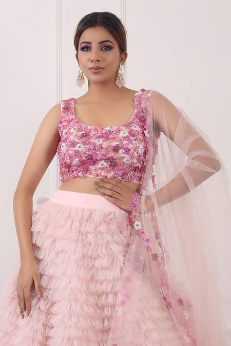 Kiran Kalsi Pink Net Embroidery Scoop Neck Ruffle Layered Lehenga Set Online at Aza Fashions Kiran Kalsi_Pink Net Embroidery Scoop Neck Ruffle Layered Lehenga Set _Online_at_Aza_Fashions