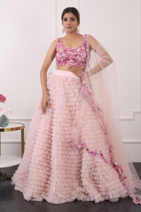 Buy Kiran Kalsi Pink Net Embroidery Scoop Neck Ruffle Layered Lehenga Set Online at Aza Fashions Buy_Kiran Kalsi_Pink Net Embroidery Scoop Neck Ruffle Layered Lehenga Set _Online_at_Aza_Fashions