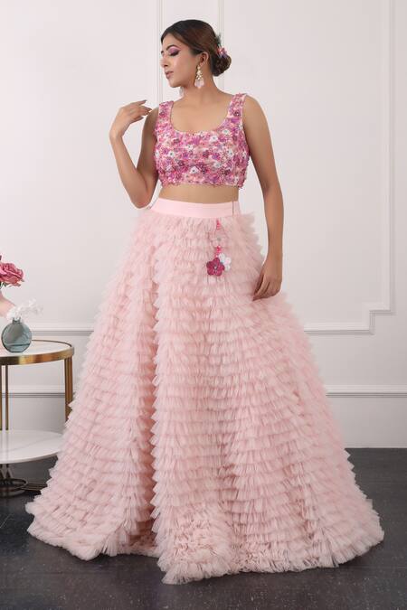 Kiran Kalsi Pink Net Embroidery Scoop Neck Ruffle Layered Lehenga Set at Aza Fashions Kiran Kalsi_Pink Net Embroidery Scoop Neck Ruffle Layered Lehenga Set _at_Aza_Fashions
