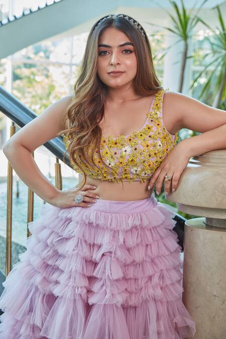 Kiran Kalsi_Purple Net Embroidery Scoop Neck Ruffle Layered Lehenga Floral Blouse Set_Online_at_Aza_Fashions