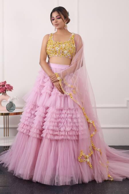 Buy_Kiran Kalsi_Purple Net Embroidery Scoop Neck Ruffle Layered Lehenga Floral Blouse Set_Online_at_Aza_Fashions