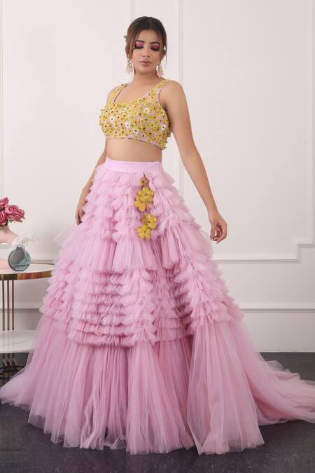 Shop_Kiran Kalsi_Purple Net Embroidery Scoop Neck Ruffle Layered Lehenga Floral Blouse Set_Online_at_Aza_Fashions