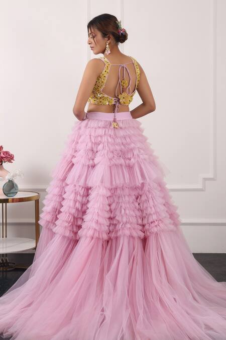 Kiran Kalsi_Purple Net Embroidery Scoop Neck Ruffle Layered Lehenga Floral Blouse Set_at_Aza_Fashions