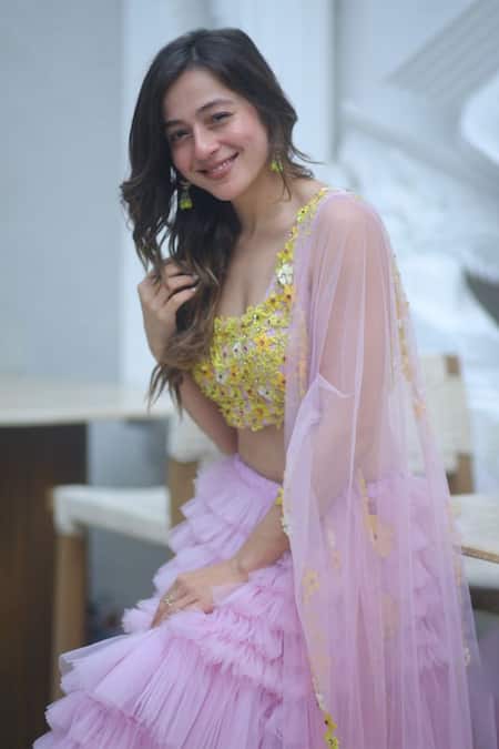 Buy_Kiran Kalsi_Purple Net Embroidery Scoop Neck Ruffle Layered Lehenga Floral Blouse Set