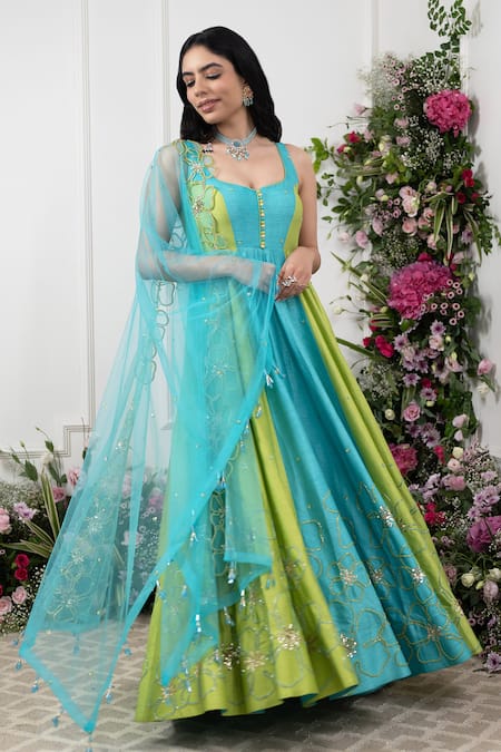 KIRAN KALSI Raw Silk Color Block Anarkali With Dupatta 