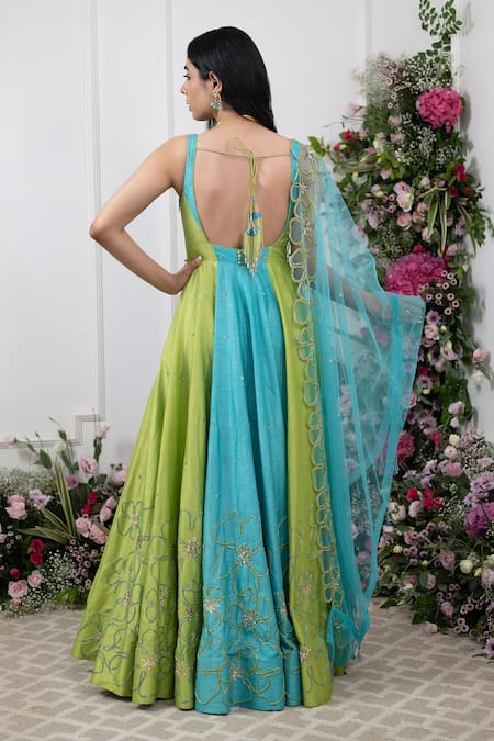 Shop Kiran Kalsi Multi Color Ramie, Net Embroidery Raw Silk Block Anarkali With Dupatta at Aza Fashions Shop_Kiran Kalsi_Multi Color Ramie, Net Embroidery Raw Silk Block Anarkali With Dupatta _at_Aza_Fashions