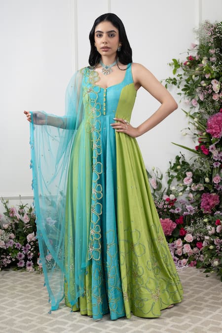 Kiran Kalsi Multi Color Ramie, Net Embroidery Raw Silk Block Anarkali With Dupatta Online at Aza Fashions Kiran Kalsi_Multi Color Ramie, Net Embroidery Raw Silk Block Anarkali With Dupatta _Online_at_Aza_Fashions
