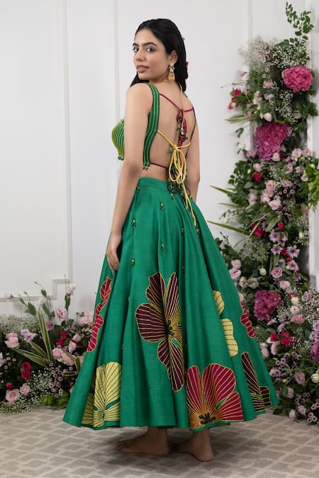 Shop Kiran Kalsi Green Silk Crystals, Embroidery Scoop Raw Floral Pattern Lehenga With Blouse at Aza Fashions Shop_Kiran Kalsi_Green Silk Crystals, Embroidery Scoop Raw Floral Pattern Lehenga With Blouse _at_Aza_Fashions
