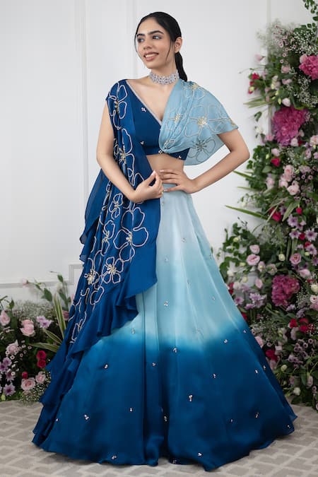 KIRAN KALSI Ombre Lehenga & Floral Embroidered Cape Set 