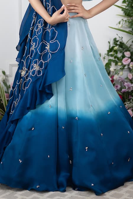 Buy Kiran Kalsi Blue Crepe, Organza Embroidery, Sequins V-neck Ombre Lehenga And Floral Cape Set Online at Aza Fashions Buy_Kiran Kalsi_Blue Crepe, Organza Embroidery, Sequins V-neck Ombre Lehenga And Floral Cape Set _Online_at_Aza_Fashions