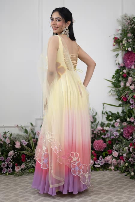 Shop Kiran Kalsi Yellow Georgette, Net Embroidery Ombre Anarkali With Dupatta at Aza Fashions Shop_Kiran Kalsi_Yellow Georgette, Net Embroidery Ombre Anarkali With Dupatta _at_Aza_Fashions