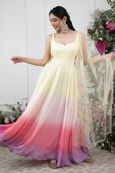 Kiran Kalsi Yellow Georgette, Net Embroidery Ombre Anarkali With Dupatta Online at Aza Fashions Kiran Kalsi_Yellow Georgette, Net Embroidery Ombre Anarkali With Dupatta _Online_at_Aza_Fashions