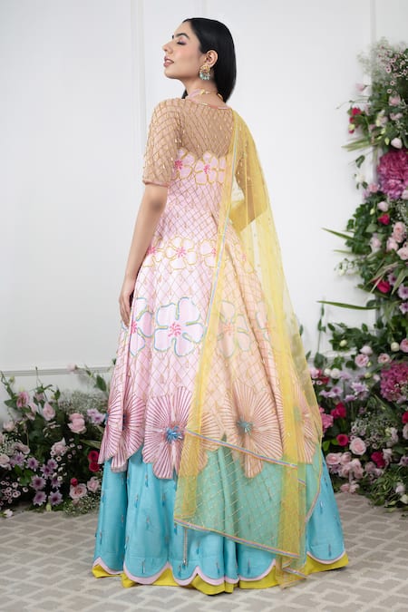 Shop Kiran Kalsi Blue Silk, Net Crystals Round Neck Raw Embroidered Anarkali And Lehenga Set at Aza Fashions Shop_Kiran Kalsi_Blue Silk, Net Crystals Round Neck Raw Embroidered Anarkali And Lehenga Set _at_Aza_Fashions