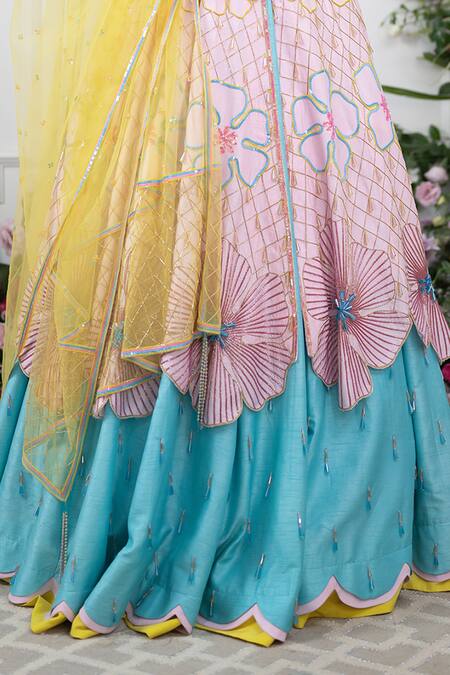 Kiran Kalsi Blue Silk, Net Crystals Round Neck Raw Embroidered Anarkali And Lehenga Set Online at Aza Fashions Kiran Kalsi_Blue Silk, Net Crystals Round Neck Raw Embroidered Anarkali And Lehenga Set _Online_at_Aza_Fashions