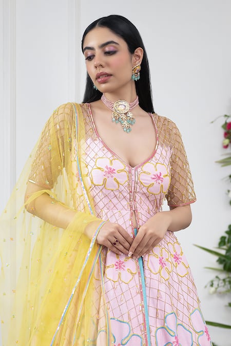 Buy Kiran Kalsi Blue Silk, Net Crystals Round Neck Raw Embroidered Anarkali And Lehenga Set Online at Aza Fashions Buy_Kiran Kalsi_Blue Silk, Net Crystals Round Neck Raw Embroidered Anarkali And Lehenga Set _Online_at_Aza_Fashions