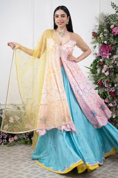 Shop Kiran Kalsi Blue Silk, Net Crystals Round Neck Raw Embroidered Anarkali And Lehenga Set Online at Aza Fashions Shop_Kiran Kalsi_Blue Silk, Net Crystals Round Neck Raw Embroidered Anarkali And Lehenga Set _Online_at_Aza_Fashions