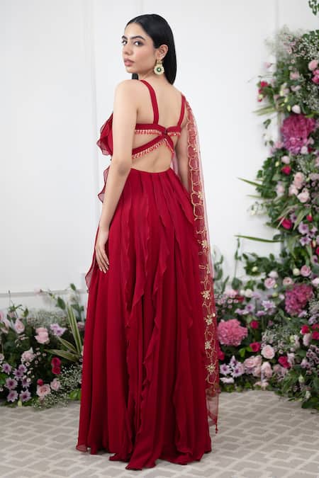 Shop Kiran Kalsi Red Georgette, Net Sequins, Embroidery Turtle Neck Ruffled Anarkali With Dupatta at Aza Fashions Shop_Kiran Kalsi_Red Georgette, Net Sequins, Embroidery Turtle Neck Ruffled Anarkali With Dupatta _at_Aza_Fashions