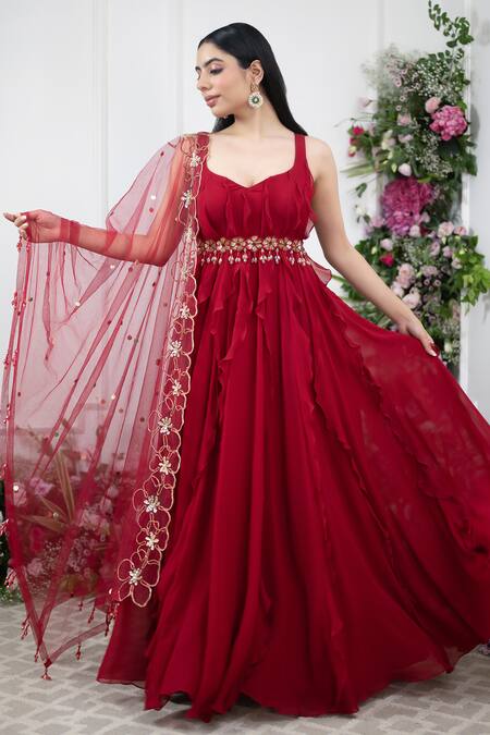 Buy Kiran Kalsi Red Georgette, Net Sequins, Embroidery Turtle Neck Ruffled Anarkali With Dupatta Online at Aza Fashions Buy_Kiran Kalsi_Red Georgette, Net Sequins, Embroidery Turtle Neck Ruffled Anarkali With Dupatta _Online_at_Aza_Fashions