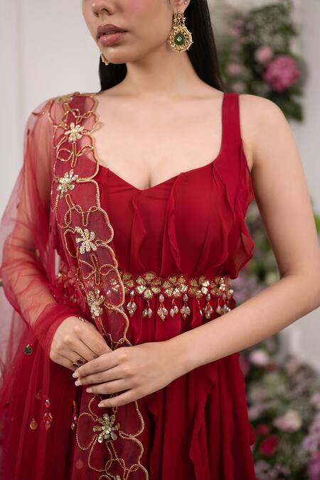 Shop Kiran Kalsi Red Georgette, Net Sequins, Embroidery Turtle Neck Ruffled Anarkali With Dupatta Online at Aza Fashions Shop_Kiran Kalsi_Red Georgette, Net Sequins, Embroidery Turtle Neck Ruffled Anarkali With Dupatta _Online_at_Aza_Fashions