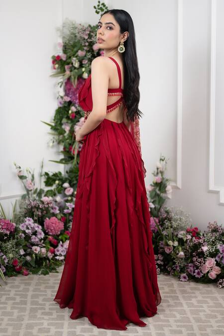 Kiran Kalsi Red Georgette, Net Sequins, Embroidery Turtle Neck Ruffled Anarkali With Dupatta at Aza Fashions Kiran Kalsi_Red Georgette, Net Sequins, Embroidery Turtle Neck Ruffled Anarkali With Dupatta _at_Aza_Fashions