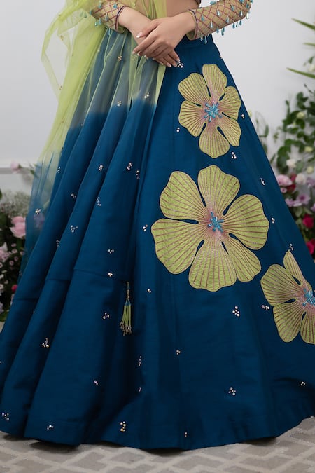 Buy Kiran Kalsi Green Net, Silk Crystals, Embroidery V-neck Raw Floral Applique Lehenga Set Online at Aza Fashions Buy_Kiran Kalsi_Green Net, Silk Crystals, Embroidery V-neck Raw Floral Applique Lehenga Set _Online_at_Aza_Fashions