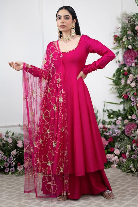 KIRAN KALSI Pink Anarkali And Sharara Raw Silk Embroidered Dupatta Floral Tear Drop Neck Set 