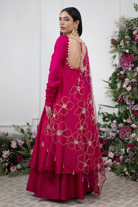 Shop Kiran Kalsi Pink Silk, Net Embroidery Raw Anarkali Sharara Set at Aza Fashions Shop_Kiran Kalsi_Pink Silk, Net Embroidery Raw Anarkali Sharara Set _at_Aza_Fashions