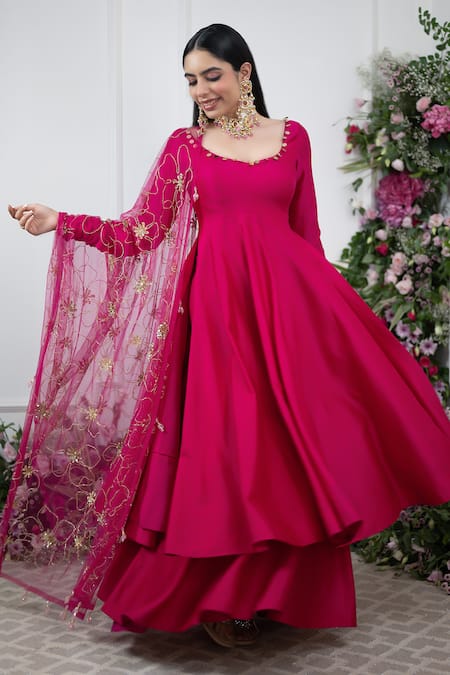 Shop Kiran Kalsi Pink Silk, Net Embroidery Raw Anarkali Sharara Set Online at Aza Fashions Shop_Kiran Kalsi_Pink Silk, Net Embroidery Raw Anarkali Sharara Set _Online_at_Aza_Fashions