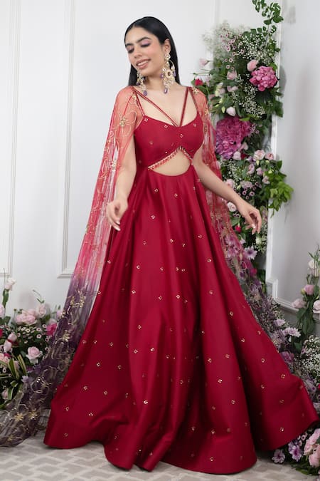 Kiran Kalsi_Red Chanderi Embroidery Crew Neck Floral Draped Anarkali _Online_at_Aza_Fashions