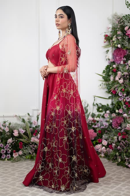 Buy_Kiran Kalsi_Red Chanderi Embroidery Crew Neck Floral Draped Anarkali _Online_at_Aza_Fashions