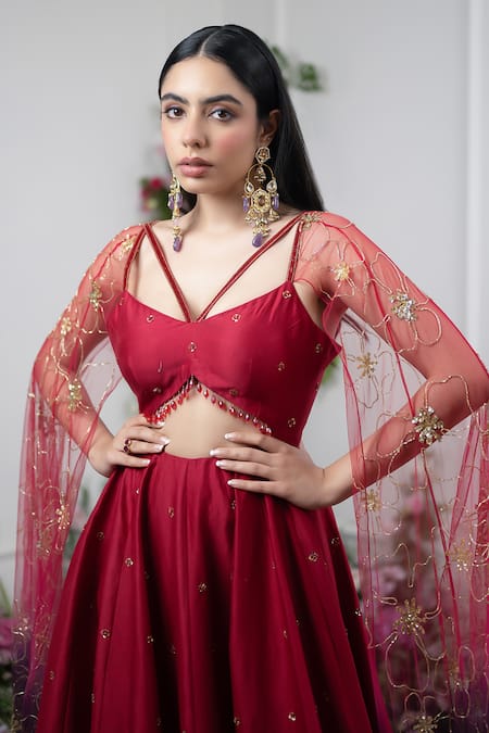 Shop_Kiran Kalsi_Red Chanderi Embroidery Crew Neck Floral Draped Anarkali _Online_at_Aza_Fashions