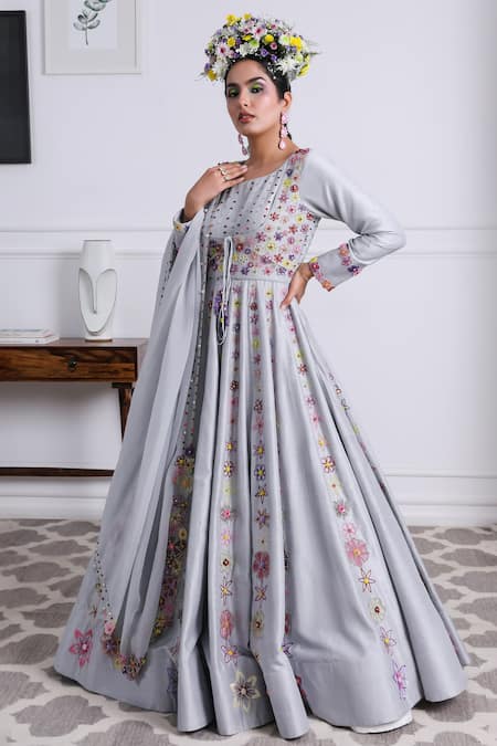 KIRAN KALSI Grey Raw Silk Embroidery Floral Round Neck Vine Anarkali With Dupatta 