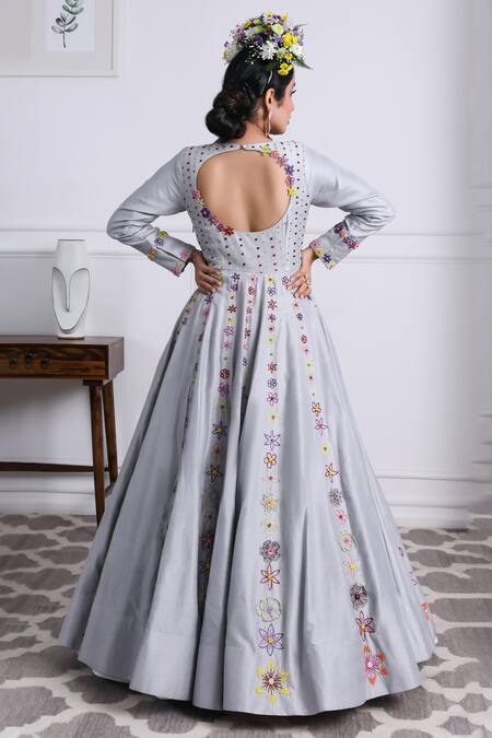 Shop Kiran Kalsi Grey Silk, Organza Embroidery Round Neck Floral Vine Anarkali With Dupatta at Aza Fashions Shop_Kiran Kalsi_Grey Silk, Organza Embroidery Round Neck Floral Vine Anarkali With Dupatta_at_Aza_Fashions