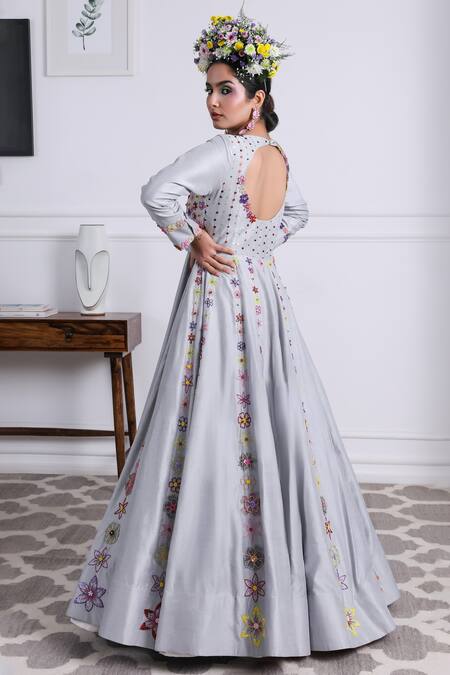 Kiran Kalsi Grey Silk, Organza Embroidery Round Neck Floral Vine Anarkali With Dupatta Online at Aza Fashions Kiran Kalsi_Grey Silk, Organza Embroidery Round Neck Floral Vine Anarkali With Dupatta_Online_at_Aza_Fashions