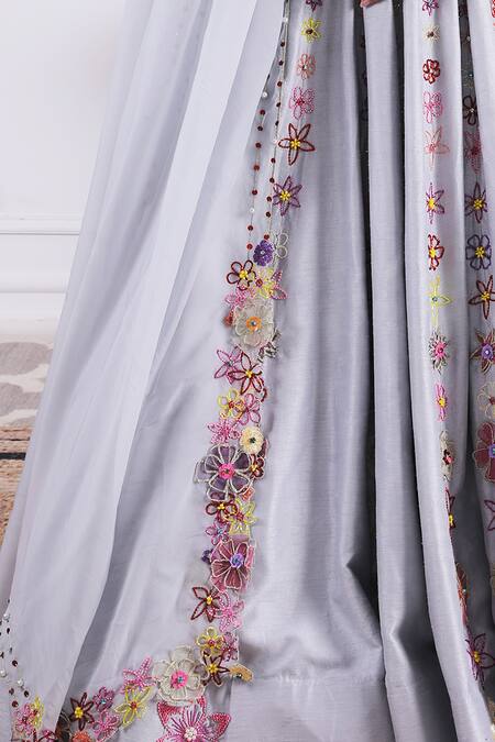 Buy Kiran Kalsi Grey Silk, Organza Embroidery Round Neck Floral Vine Anarkali With Dupatta Online at Aza Fashions Buy_Kiran Kalsi_Grey Silk, Organza Embroidery Round Neck Floral Vine Anarkali With Dupatta_Online_at_Aza_Fashions