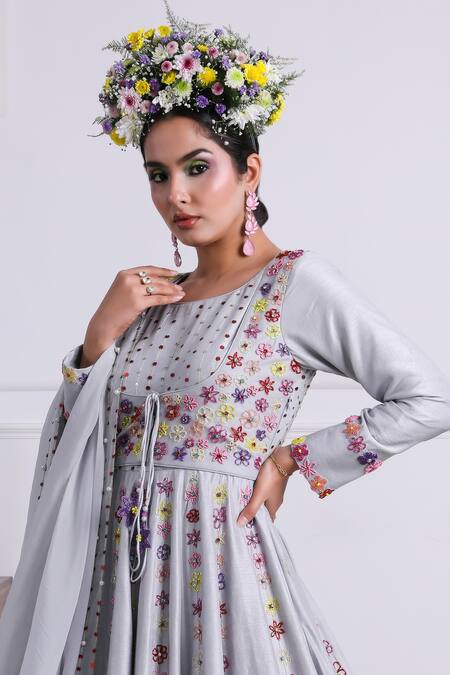Shop Kiran Kalsi Grey Silk, Organza Embroidery Round Neck Floral Vine Anarkali With Dupatta Online at Aza Fashions Shop_Kiran Kalsi_Grey Silk, Organza Embroidery Round Neck Floral Vine Anarkali With Dupatta_Online_at_Aza_Fashions