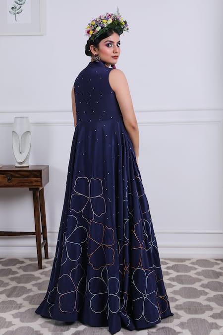Shop Kiran Kalsi Blue Tulle, Crepe Embroidery Square Neck Floral Cape Sharara Set at Aza Fashions Shop_Kiran Kalsi_Blue Tulle, Crepe Embroidery Square Neck Floral Cape Sharara Set _at_Aza_Fashions