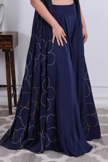 Kiran Kalsi Blue Tulle, Crepe Embroidery Square Neck Floral Cape Sharara Set Online at Aza Fashions Kiran Kalsi_Blue Tulle, Crepe Embroidery Square Neck Floral Cape Sharara Set _Online_at_Aza_Fashions