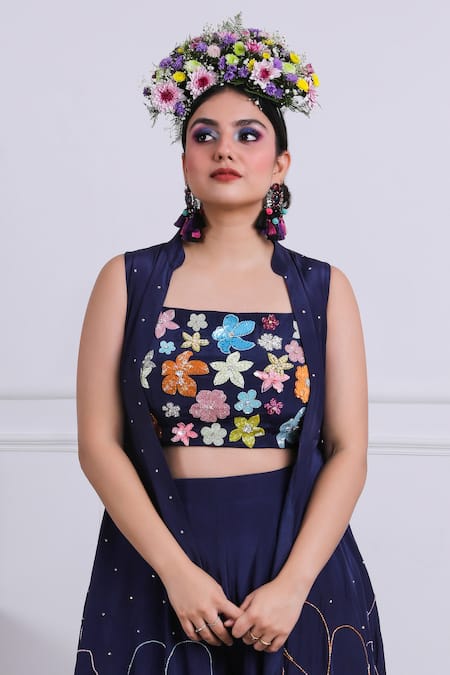 Buy Kiran Kalsi Blue Tulle, Crepe Embroidery Square Neck Floral Cape Sharara Set Online at Aza Fashions Buy_Kiran Kalsi_Blue Tulle, Crepe Embroidery Square Neck Floral Cape Sharara Set _Online_at_Aza_Fashions