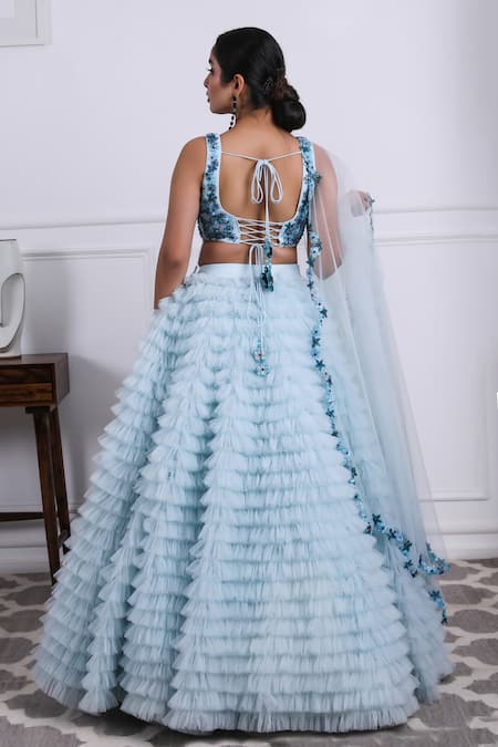 Shop Kiran Kalsi Blue Tulle, Satin Embroidery Round Neck Ruffle Layered Lehenga Set at Aza Fashions Shop_Kiran Kalsi_Blue Tulle, Satin Embroidery Round Neck Ruffle Layered Lehenga Set _at_Aza_Fashions