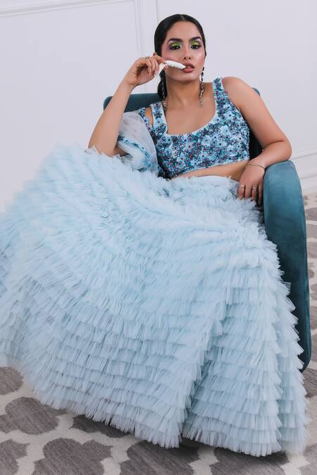 Kiran Kalsi Blue Tulle, Satin Embroidery Round Neck Ruffle Layered Lehenga Set Online at Aza Fashions Kiran Kalsi_Blue Tulle, Satin Embroidery Round Neck Ruffle Layered Lehenga Set _Online_at_Aza_Fashions